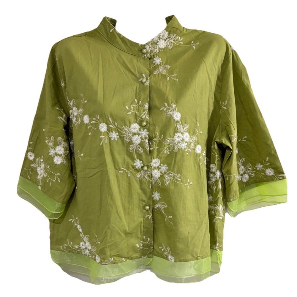 Women's Green White Embroidered Lace Sleeves Faux Pearls Buttons Blouse L